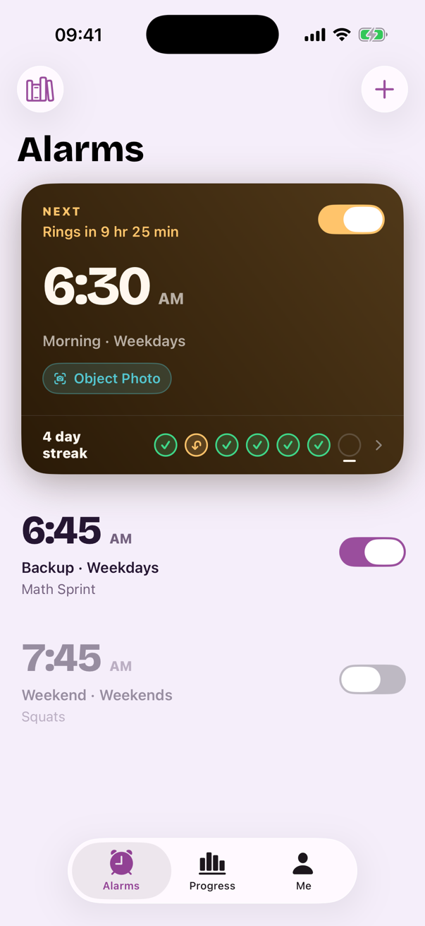 Albori Alarms screen: the next alarm at 6:30 AM with an Object Photo task and a 4-day streak