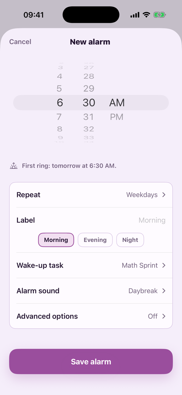 Albori new alarm form: time wheel at 6:30 AM, repeat on weekdays, label, wake-up task and alarm sound