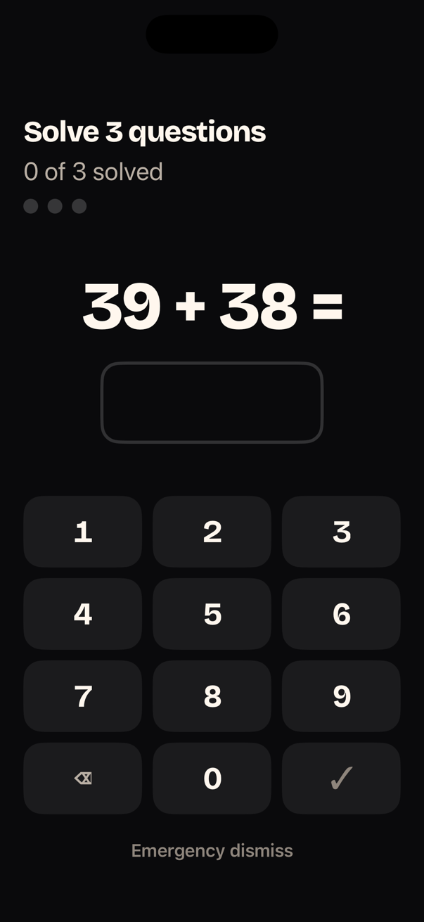 Albori Math Sprint in Wake Mode: solve 3 questions on a large dark keypad, with a small Emergency dismiss label