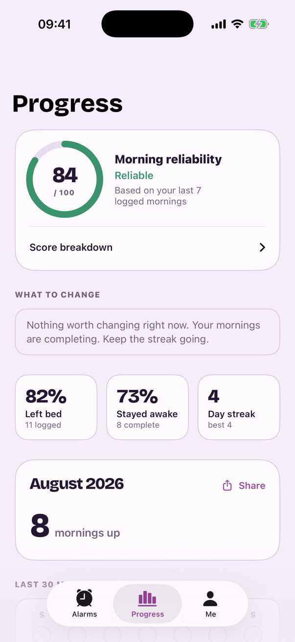 Albori Progress screen: morning reliability score 84 of 100, left-bed and stayed-awake percentages, and a monthly recap