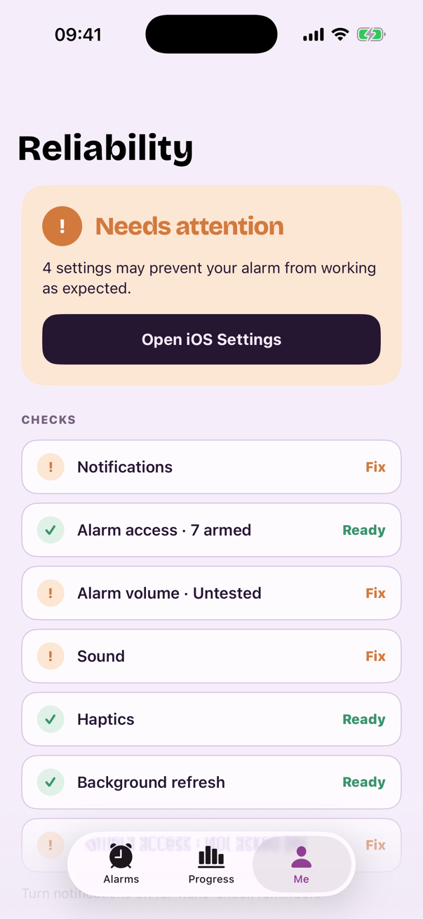 Albori Reliability screen: needs attention, with a list of checks marked Ready or Fix