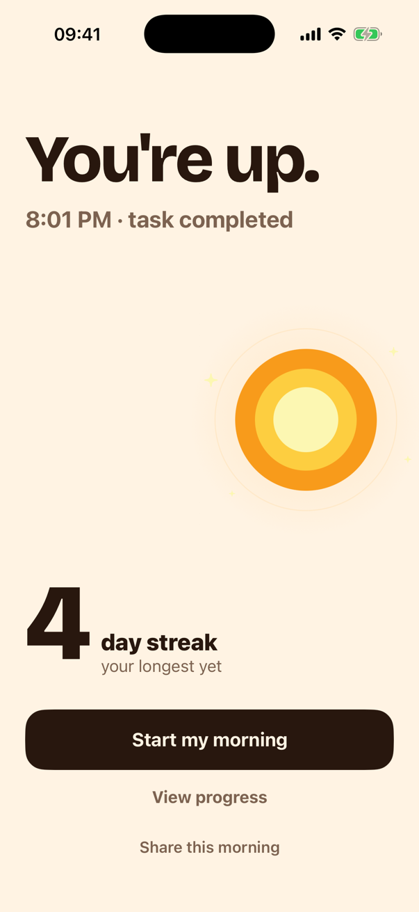 Albori success screen: You're up, task completed, a 4-day streak and a Start my morning button
