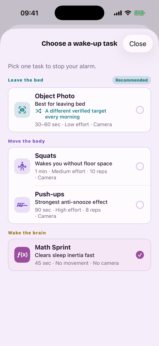 Albori task picker: choose one wake-up task from Object Photo, Squats, Push-ups, or Math Sprint
